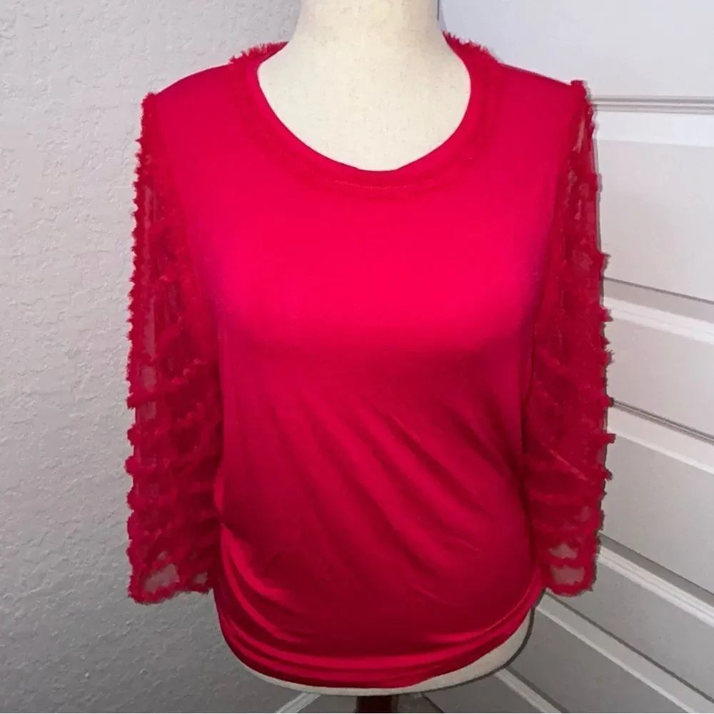 Kobi Halperin Decorative Sheer Statement Sleeve Blouse Shirt Top